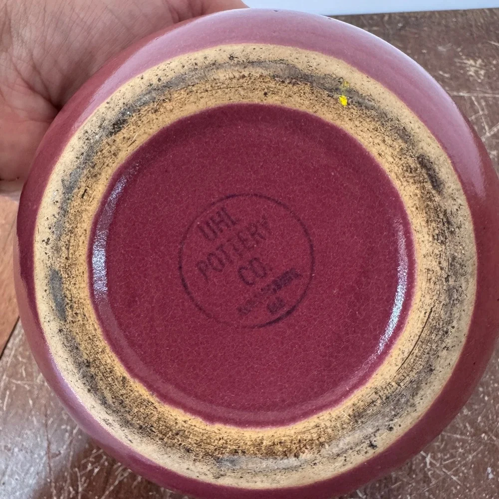 Uhl Pottery Co. Crock Stoneware Grease Drip‎ Burgundy Glaze Ceramic Lid Vintage